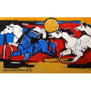 Mashkoor Raza, 30 x 48 Inch, Oil on Canvas, Horse Painting, AC-MR-619
